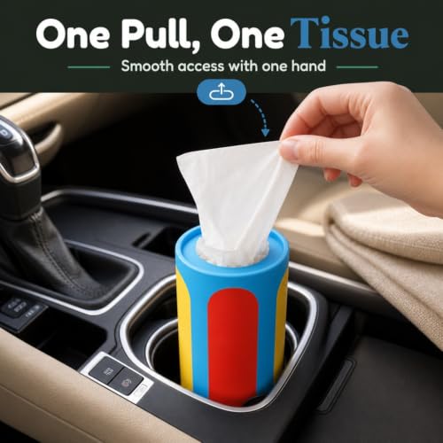 Image of Car Tissue Holder with 4 Facial Tissue Canisters | Car Organization - Car Interior Accessories - Cup Holder Tissue Cylinder - Replacement for Kleenex Tubes - Total 240 Tissues