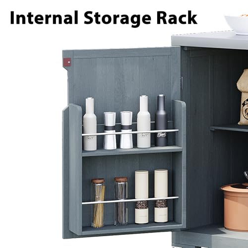 Quarte 66.5" Outdoor Kitchen Island for Big Green Egg Grills, Solid Wood Outdoor Grill Cart for Tabletop Grill with Stainless Steel Top, Drawer, Family Barbecue Outdoor Gathering (Grey+Blue3)