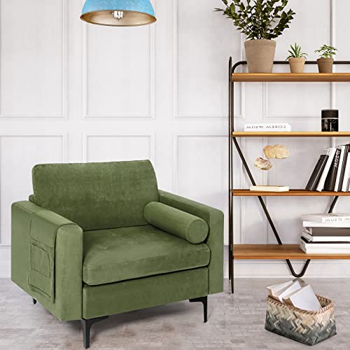 Giantex Single Sofa, Accent Chair, Armchair W/Comfy Cushion Bolster, Armrest Magazine Caddy Pockets, Living Room Upholstered Leisure Chair For Bedroom Reception Room Green #TOP3