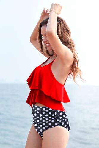 Image of Womens Tankini Swimsuits Ruffled Tank Top Tummy Control Floral Modest Swimwear High Waisted Bikini