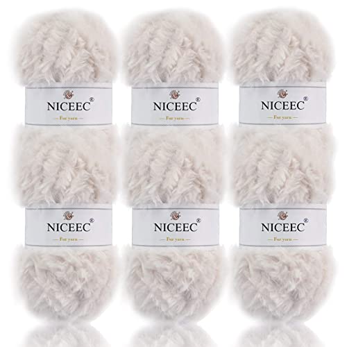 Image of NICEEC Faux Fur Yarn Super Soft, Chunky & Fluffy, Eyelash Yarn for Crochet & Knitting(Total Length 210yds /10.6oz) - Cream White /300g