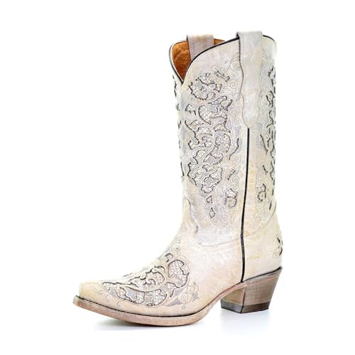 Corral Boots Teen's White Glitter Inlay & Embroidery Snip Toe Cowboy Boots for Girls | Low Heel Leather Western Cowgirl Boots