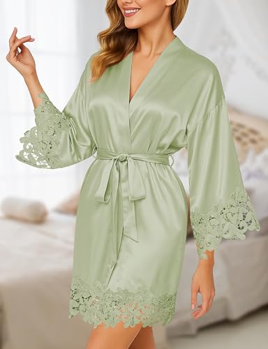 Image of EPLAZA Bride Robe for Wedding Day Set Bridal Robe Lace Trim Silky Embroidery Satin Kimono for Bridal Party