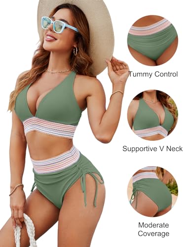 Image of Blooming Jelly Women High Waisted Bikini Sets Tummy Control Swimsuits Color Block Two Piece Drawstring Bathing Suit