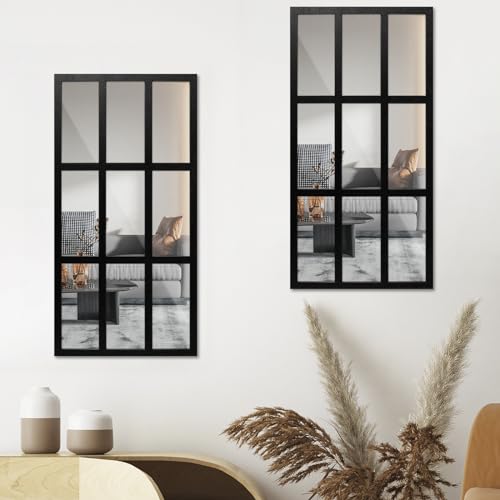 2Pcs Arched Window Mirror, Retro Indoor/Outdoor Garden Home Wall Mirror, Decal Acrylic Rectangle Windowpane Mirrors Sticker Farmhouse Entry Mirrors 44x22cm for Living Room Dining Room Bedroom