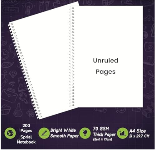 Image of Sprial Notebook | Ragister A4 size (200 pages each) UNRULED Set of 3 notebook WHITE BLANK 3 wire bound booklet | Pior white 70 GSM Paper | Soft Cover Spiral Bound | Studends use