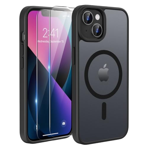 TQIAHF Magnetisch Hülle für iPhone 13 / iPhone 14 Handyhülle mit 2 Schutzglas Folie Kompatibel mit Magsafe Hart Dünn Stoßfest Militärschutz Cover Case Hüllen Schutzhülle,Schwarz