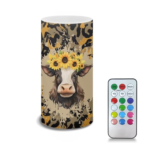 Image of Poceacles Cow Sunflower Pattern LED Flameless Candles with Remote and Timer, Battery Operated Fake Flickering Candles for Home Wedding Decor