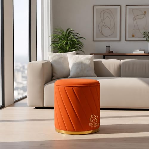 Image of Luxury Round Velvet Ottoman Stool with Gold Base - Modern Upholstered Footrest Pouffe, Tufted Vanity Seat, Living Room Bedroom Dressing Stool (Orange)