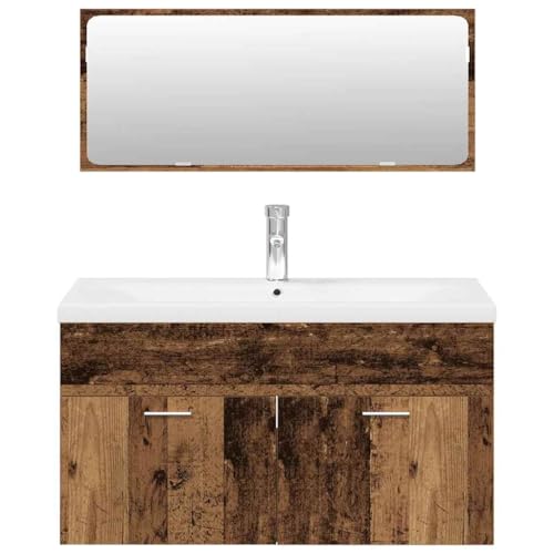Mhdvray Ensemble de Meubles de Salle de Bain 3 Pièces en Bois d'Ingénierie avec Meuble sous Vasque Suspendu Lavabo Intégré en Céramique et Miroir pour Rangement Mural Couleur Vieux Bois 90cm – vue 4