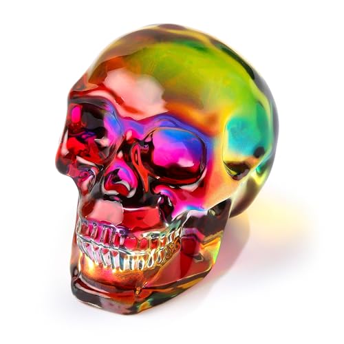 Ornalrist K9 Crystal Plating Multicolor Skull Head Figurines Day of The Dead Decor Gifts for Women, Glass Skull Head Art Halloween Witch Statue with Gifts Box 2.8''