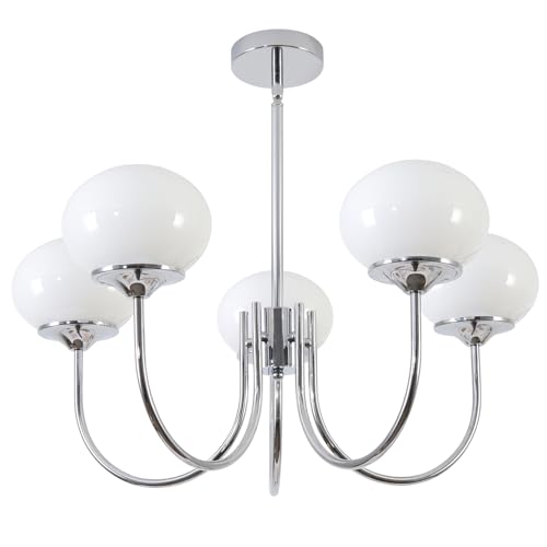 BOKT 5 Light Globe Chandelier Modern Milk Glass Chandelier Pendant Light White and Silver Vintage Semi-Flush Mount Ceiling Light for Kitchen Island Living Dining Room