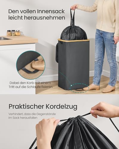 SONGMICS Pfandflaschen-Sammelbehälter, 95 L Pfandflaschen-Behälter, Flaschensammler Leergut, Recycling-Behälter, mit Loch, Deckel, Innensack mit Griffen, Küche, schiefergrau-naturbeige RRB509G01