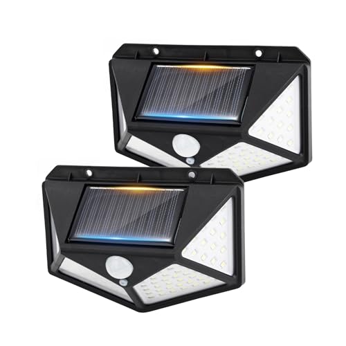GRIFEMA Luz Solar Exterior para Jardín con Sensor de Movimiento, Focos LED Exterior Solares, Lámpara de Pared Solar Impermeable 100 LEDs, 3 Modos, Ángulo 270°, IP65, Batería 800mAh, Pack de 2