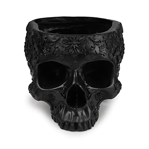 Skull Halloween Candy Server Bowl, 6" Spooky Decorations Sugar Snack Tray, Deep Polyresin Skulls Pot, Indoor Plants & Flowers - Serving Tray, Modern, Skeleton Home Decor, Goth Trick Or Treat (Black) #TOP4