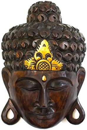 G6 Collection 12" Wooden Wall Mask Serene Buddha Head Statue Hand Carved Sculpture Handmade Figurine Gift Home Decor Accent Handcrafted Art Wall Hanging Decoration Buddha Face Mask, Black