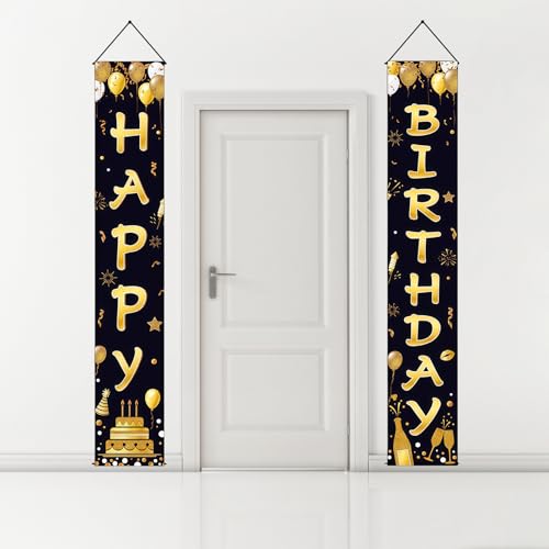 Decoração de bandeira de aniversário ouro preto, 180 cm × 30 cm bandeira feliz aniversário póster de tecido de cartaz, Happy Birthday faixas de porta fundo para meninos meninas ouro preto, para homem