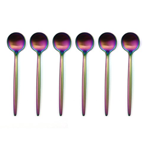 BRIIEC Rainbow 18/10 Stainles Steel Coffee Spoons, Slim Cutlery for Kitchen Hotel Restaurant Wedding Party, Matte Finish, Dishwasher Safe, Pack of 6