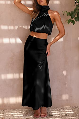PRETTYGARDEN Women's 2 Piece Satin Outfits Summer Sleeveless Mock Neck Crop Tops and Long Skirt Dress Sets3