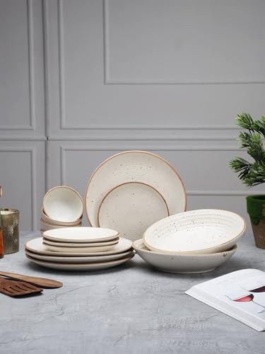 Image of MIAH Decor Handcrafted Stoneware Dinner Set-Pack of 14-[4 Dinner Plates; 4 Quarter /Side Plates / 4 Dinner Bowls / 2 Serving Bowls]|Cream with Brown Rim|Matte Finish|Ceramic|Microwave, Oven, Freez,MD-495