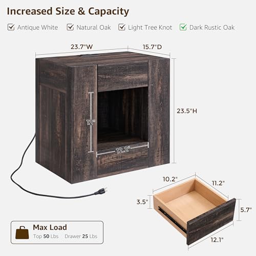 OKD Modern Nightstand with Charging Station, 24" Large Bedside Table, Rustic End Table with Drawers & Open Shelf for Bedroom/Living Room, Night Stand Wood Thick Design,Dark Rustic Oak