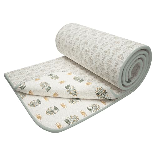 Image of Story@Home Dohar Single Bed Cover Cotton 100% | 150GSM 144 x 220 CM Quilt AC Blanket for Summer | AC Comforter Double Bed | White & Green, Motif Reversible Design Duvet | All-Season Blanket