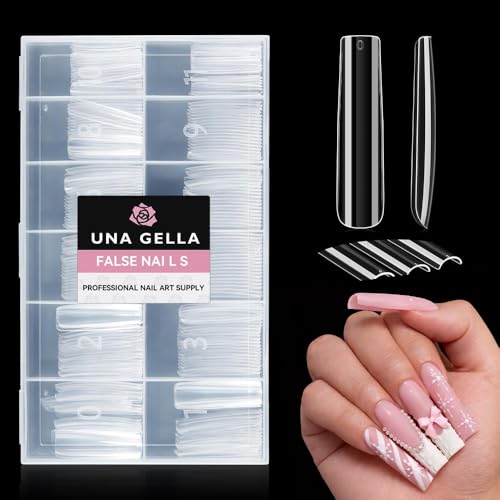 Image of UNA GELLA XXL Long Square Nails Tips 216 PCS No C Curve Straight Nail Tips Full Cover Square Gel Tips Extra Long Nail Tips Clear False Fake Nails Gel Nail Extension for Nail Salon Home DIY 12 Sizes