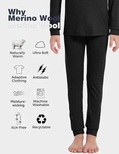 Kids Unisex 100% Merino Wool Base Layer Pants Lightweight Thermal Underwear Bottom4