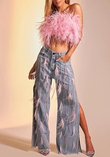 Women's Rhinestones Fringer Baggy Jeans Diamond Feather Tassel High Waisted Slit Stright Leg Y2k Denim Pants3