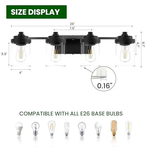 Image of Bathroom Vanity Light Fixture, 4-Light Modern Black Vanity Light Fixtures with Clear Glass Shade, Matte Black Bathroom Light Fixtures Over Mirror, Rustic Restroom Lighting Fixtures