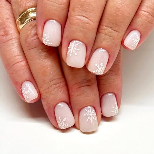 Christmas Press on Nails Short Square Fake Nails with Designs Snowflake Stick on Nail White Acrylic False Nail Winter Holiday Artificial Nail Press ons Glossy Full Cover Glue on Nails for Women