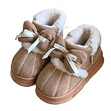 Plonme Kawaii Bow Comfy Shoes Winter Snow Boots for Women Fluffy Warm Cotton Snow Boots Warm Fur Lined Ankle Booties (Brown,9,10)