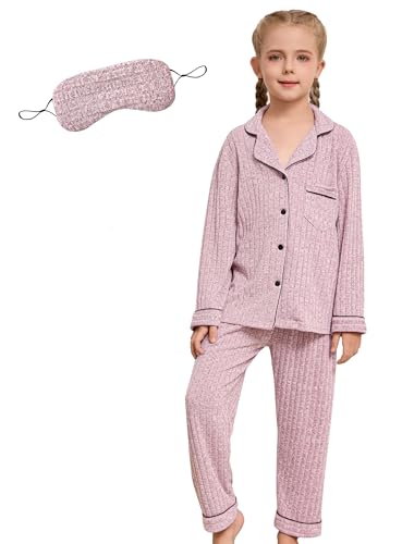 Kids Girls Pajamas Set Girl Ribbed Knit Long Sleeve Button-up Pajama Sleepwear Nightwear Loungewear Set
