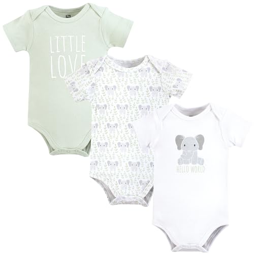 Image of Hudson Baby Unisex Baby Cotton Bodysuits, Hello World Elephant, 3-6 Months