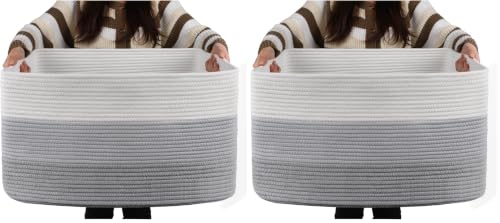Image of OIAHOMY Large Blanket Basket, 22 inchx17 inchx12 inch Rectangle Woven Baskets, Nursery Blanket Storage Living Room, Toy Storage With Handle, Large Baskets for Organizing-Gradient Grey (Pack of 2)