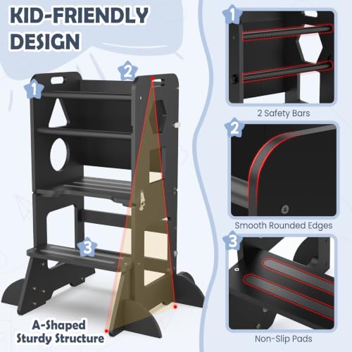 Image of Toddler Standing Tower Anti-Tip Wooden Kitchen Step Stool，Black
