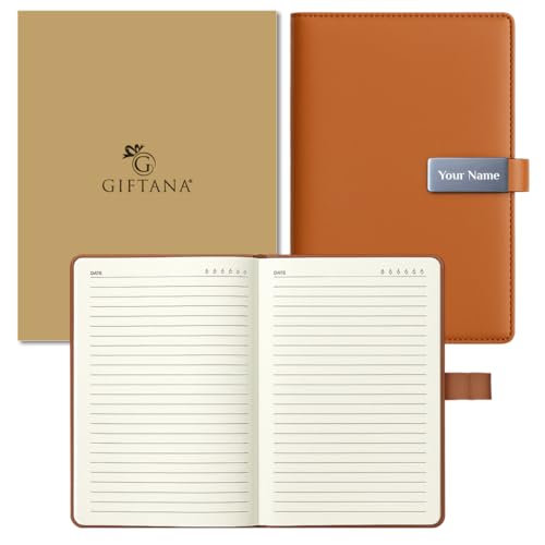 Image of Giftana Personalized Diary with Name, Customized Leather Diary with Magnetic Overlap Lock,192 Pages, Personalised A5 Notebook Diary for Writing, Office Use, New Year Corporate Gifts for Employee (Tan)