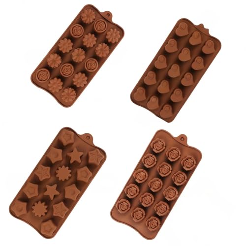 ShiningUU 4pcs Silicone Chocolate Moulds Set - Flower, Star, Heart, Rose Designs, Reusable Baking Moulds for Chocolate, Cake Pops, Fondant Making, Sweets, Ice Cubes, Pudding, Dome Mousse