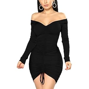 XXTAXN-Womens-Sexy-Elegant-Long-Sleeve-Off-The-Shoulder-Ruched-Mini-Dress XXTAXN Women's Sexy Elegant Long Sleeve Off The Shoulder Ruched Mini Dress Black