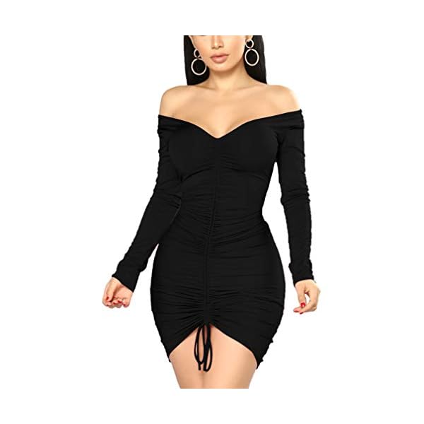 XXTAXN-Womens-Sexy-Elegant-Long-Sleeve-Off-The-Shoulder-Ruched-Mini-Dress XXTAXN Women's Sexy Elegant Long Sleeve Off The Shoulder Ruched Mini Dress Black