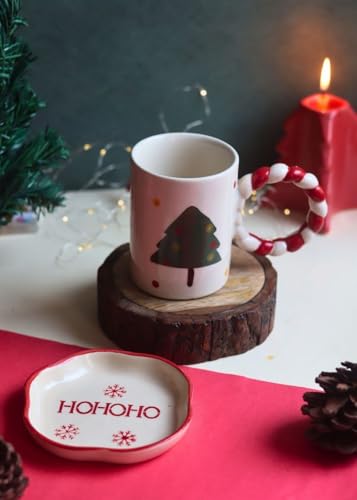 Image of WEAVING HOMES Handcrafted Ceramic Mug & Dessert Plate Set of 2 Multicolor Microwave Safe Christmas Mug & HOHOHO Dessert Plate