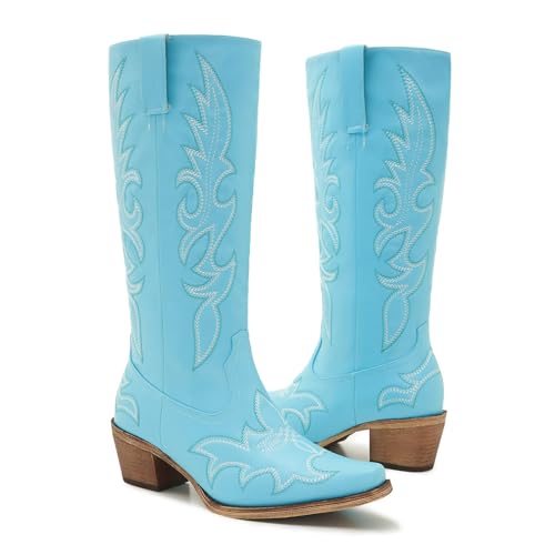 Image of Uillnoodu Wide Calf Cowboy Boots Women Adjustable Lace Up Knee High Tall Plus Size Cowgirl Boots Western Style Comfortable 2-Inch Heel