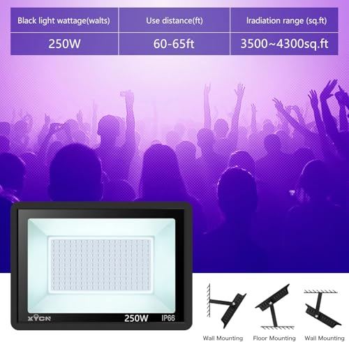 Image of XYCN 4 Pack 250W LED Flood Black Lights,395nm to 405nm UV Outdoor Flood High Power Blacklight Light with Plug in, IP66 Waterproof Large Black Light Spotlight for Glow Party Large Space, Halloween