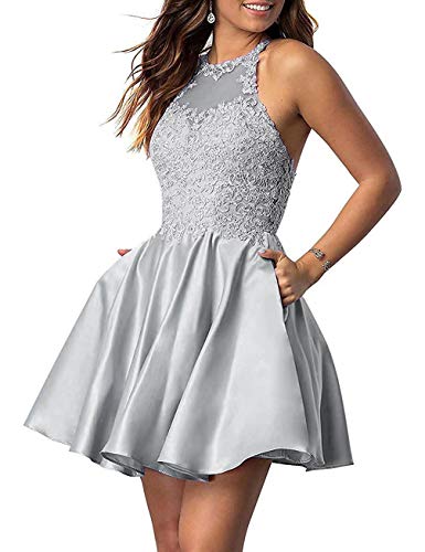 Woman s Short Homecoming Dresses for Juniors Lace Halter Neckline with Pockets (Light Grey-4)
