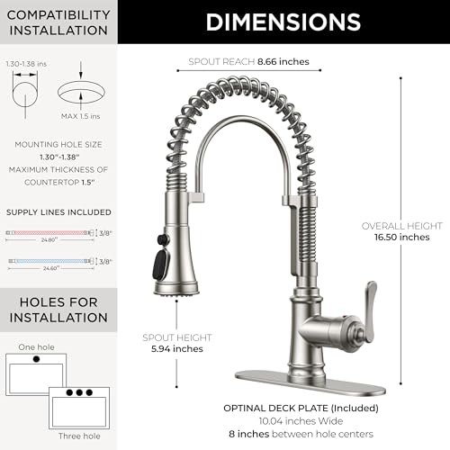 Image of FORIOUS Kitchen Faucet with Pull Down Sprayer, Stainless Steel Single Handle Spring Antique Kitchen Sink Faucet with Deck Plate, Sutiable for Farmhouse, RV, Camper, Wet Bar, Brushed Nickel