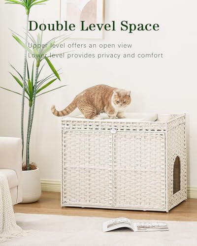 Image of SETVSON Cat Litter Box Enclosure Furniture, Handwoven Rattan Hidden Litter Box with Mat, Large Space Cat House with 2 S-Shaped Hooks 30.3 x 18.3 x 24.4 Inches, Indoor for Living Room Apartment White