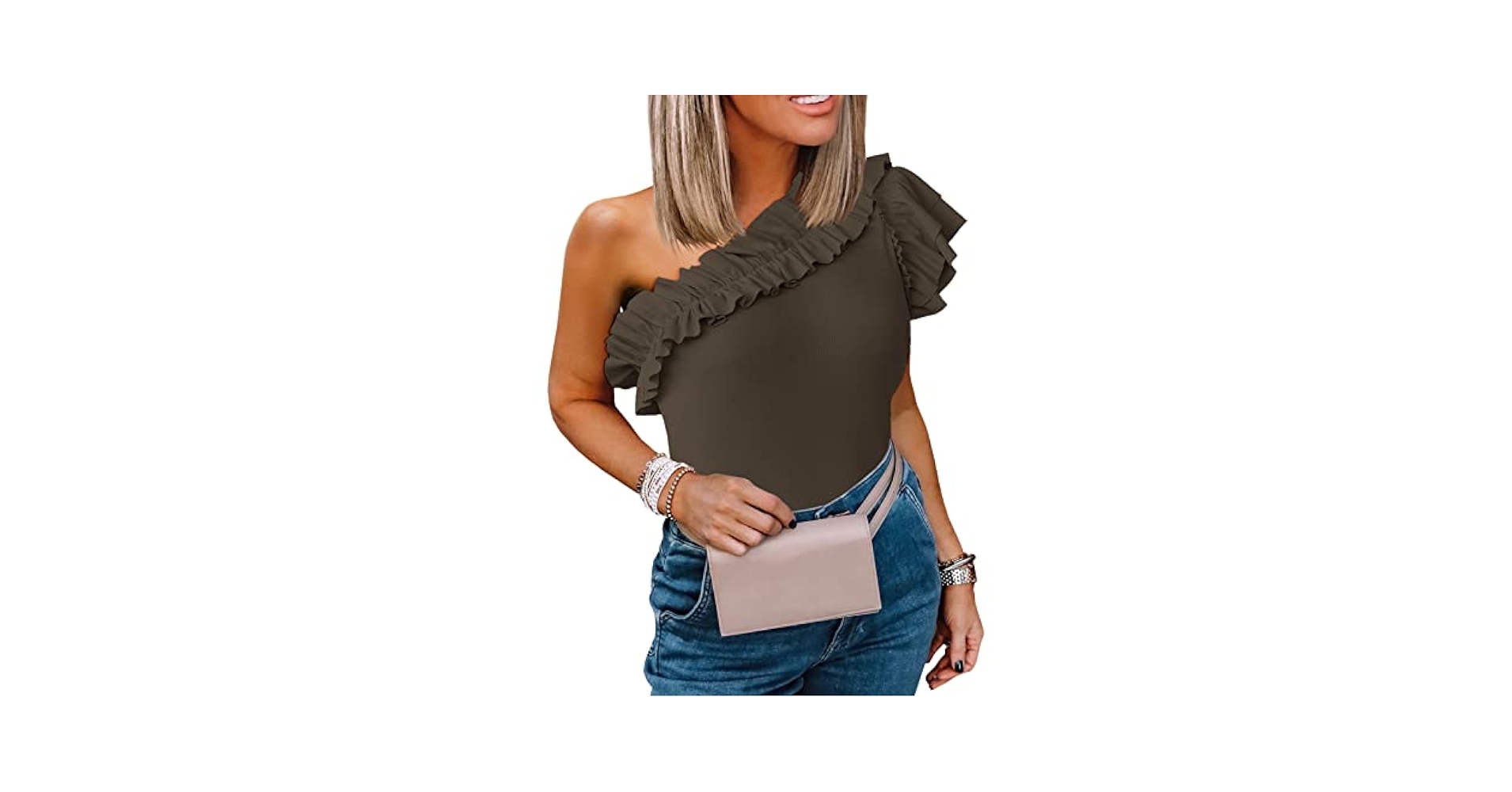 Womens One Shoulder Shirts Ruffle Sleeve Slim Fit Knitted