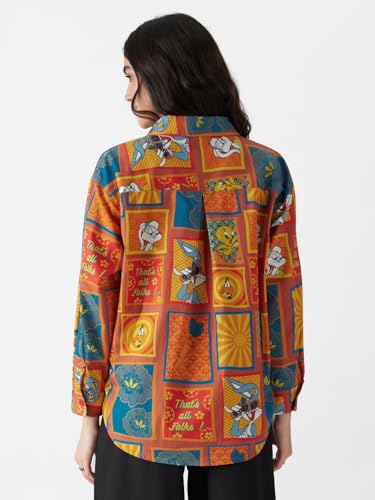 Image of The Souled Store Official Looney Tunes: Indie Vibes Women Oversize Fit Full Sleeves Graphic Printed Polyester Multicolored Shirt Shirts Casual Button-Down Half Sleeve Printed Graphic Short