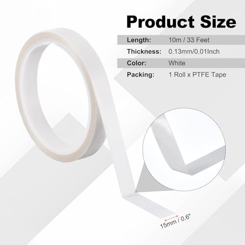 PATIKIL Hitzefestes Band, 0,6 Zoll x 33 Fuß Hochtemperaturband PTFE-Klebeband Hochtemperaturband Wasserdicht für Vakuumversiegelungsmaschine Isolationsschutz, Weiß, 0,13 mm dick