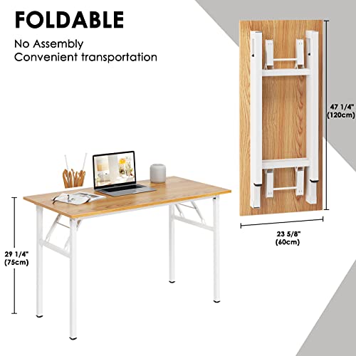 Image of Need Office Computer Desk 47.2x23.6 in Sturdy Folding Laptop Table Teak | White Frame Writing Gaming Work Table /Foldable Home Office Desk /Sewing Table, No Assembly Required